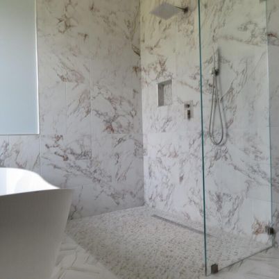 Bathroom, Free Standing Baths, Glass Shower, Interior, Marble, Marble Walls