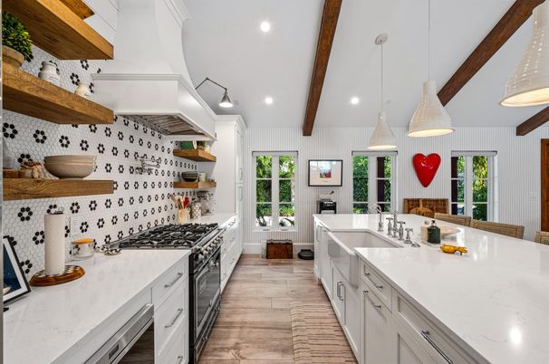 Interior, Kitchen, Pendant Lights, Recessed Lighting, Stainless Steel Appliances, Wooden Beams, Wood Texture Flooring