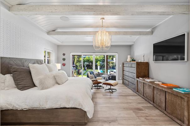 Bedroom, Chandelier, Interior, Wood Texture Flooring