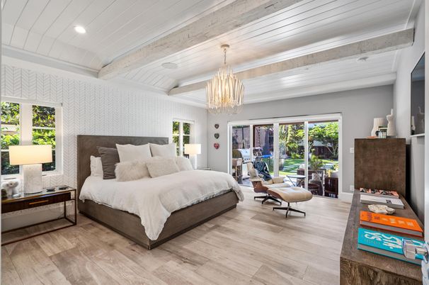 Bedroom, Chandelier, Interior, Recessed Lighting, Wooden Beams, Wood Texture Flooring