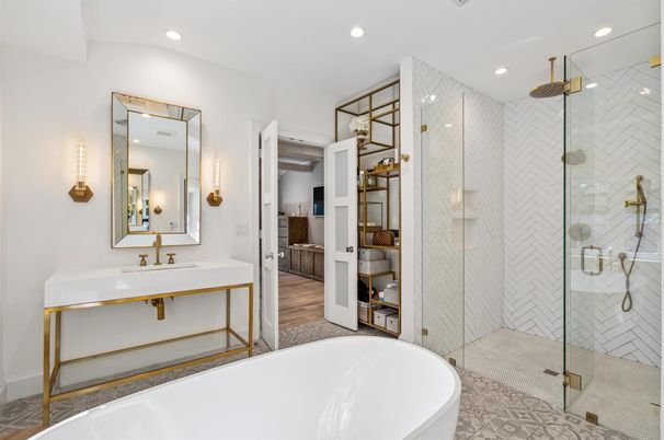 Bathroom, Dual Sink Vanities, Free Standing Baths, Glass Shower, Interior, Recessed Lighting, Wood Texture Flooring