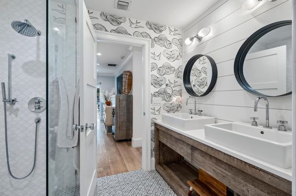 Bathroom, Dual Sink Vanities, Glass Shower, Interior, Recessed Lighting, Wood Texture Flooring