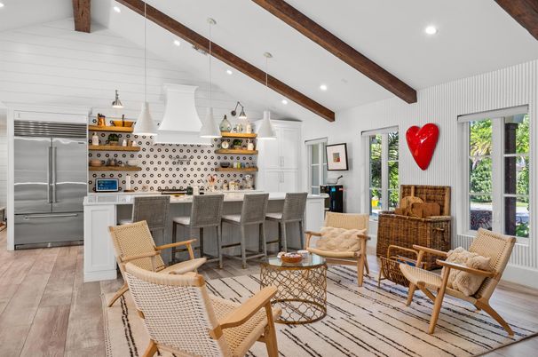 Interior, Kitchen, Pendant Lights, Recessed Lighting, Stainless Steel Appliances, Wooden Beams, Wood Texture Flooring