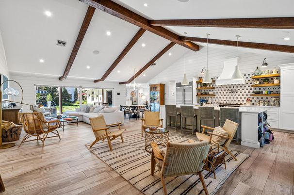 Dining room, Interior, Living room, Pendant Lights, Recessed Lighting, Wooden Beams, Wood Texture Flooring