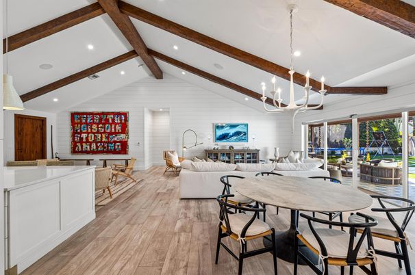 Dining room, Interior, Living room, Pendant Lights, Recessed Lighting, Wooden Beams, Wood Texture Flooring