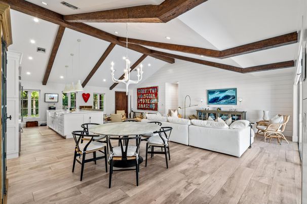 Dining room, Interior, Living room, Pendant Lights, Recessed Lighting, Wooden Beams, Wood Texture Flooring