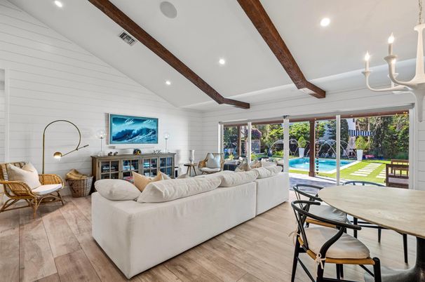 Dining room, Interior, Living room, Recessed Lighting, Stone Walls, Wooden Beams, Wood Texture Flooring