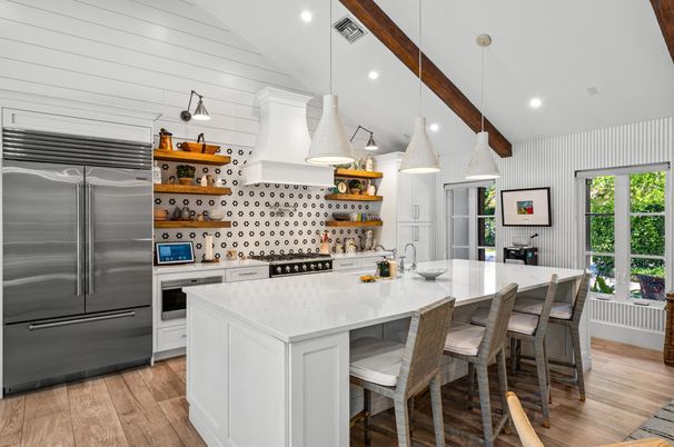 Interior, Kitchen, Pendant Lights, Recessed Lighting, Stainless Steel Appliances, Wooden Beams, Wood Texture Flooring