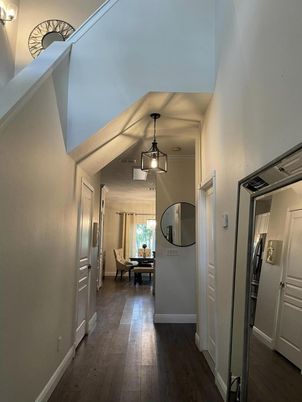 Dining room, Interior, Pendant Lights, Wood Texture Flooring