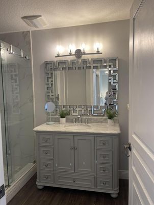 Bathroom, Dual Sink Vanities, Glass Shower, Interior, Marble Walls, Wood Texture Flooring