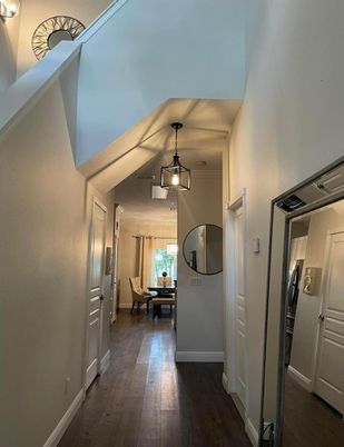 Dining room, Interior, Pendant Lights, Wood Texture Flooring