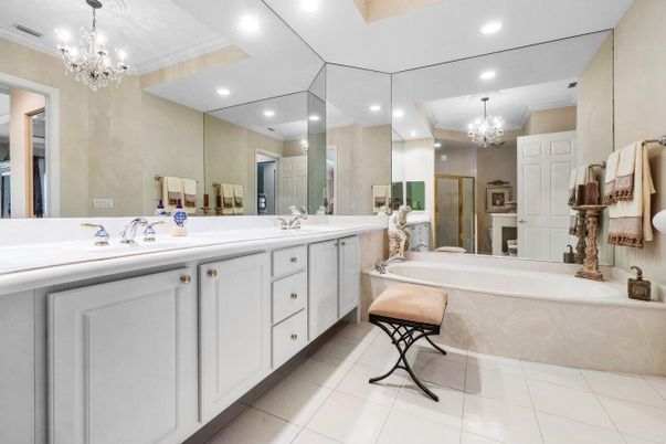 Bathroom, Chandelier, Dual Sink Vanities, Interior, Recessed Lighting