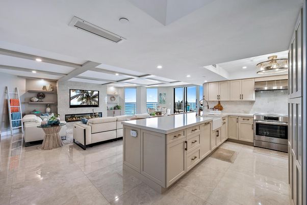 Fireplace, Interior, Kitchen, Living room, Recessed Lighting, Stainless Steel Appliances
