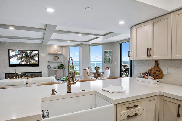 Fireplace, Interior, Kitchen, Living room, Recessed Lighting, Water