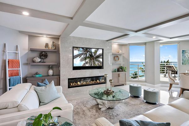 Fireplace, Interior, Living room, Recessed Lighting, Water
