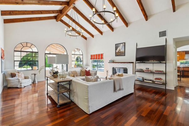 Fireplace, Interior, Living room, Pendant Lights, Wooden Beams, Wood Texture Flooring