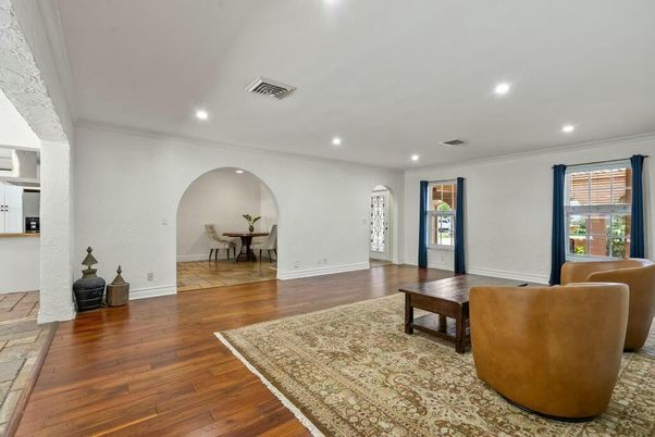 Dining room, Interior, Recessed Lighting, Wood Texture Flooring