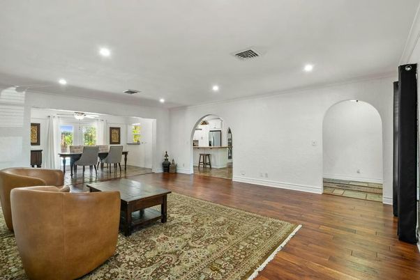 Dining room, Interior, Recessed Lighting, Wood Texture Flooring
