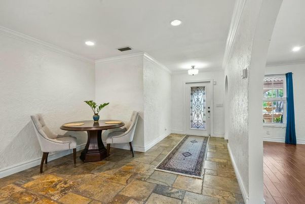 Dining room, Interior, Recessed Lighting, Wood Texture Flooring