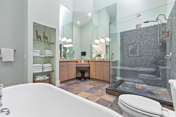 Bathroom, Dual Sink Vanities, Glass Shower, Interior, Recessed Lighting