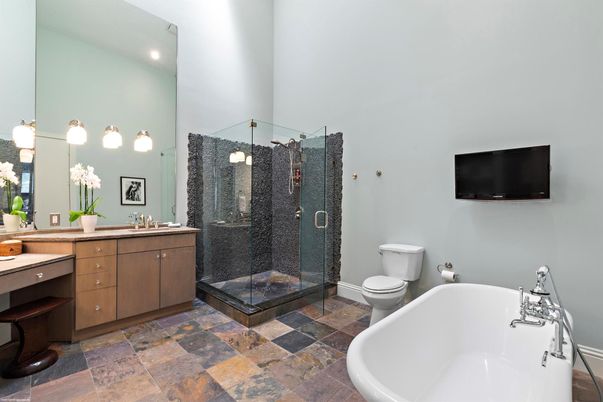 Bathroom, Free Standing Baths, Glass Shower, Interior, Recessed Lighting