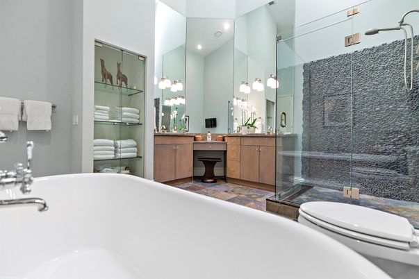 Bathroom, Dual Sink Vanities, Glass Shower, Interior, Recessed Lighting
