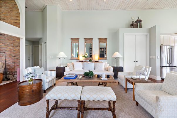 Interior, Kitchen, Living room, Recessed Lighting, Stainless Steel Appliances, Stone Walls, Wood Texture Flooring