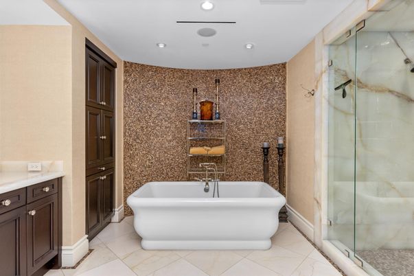 Bathroom, Free Standing Baths, Glass Shower, Interior, Recessed Lighting