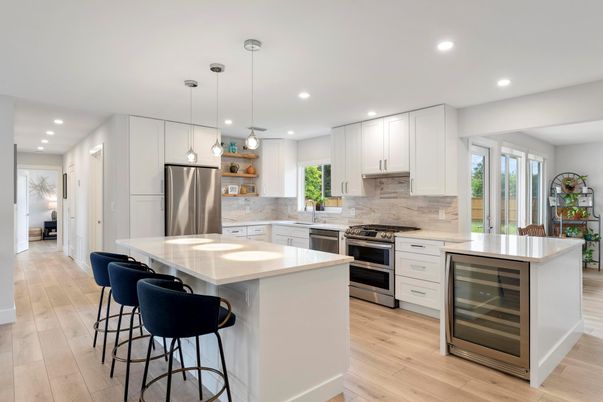 Interior, Kitchen, Pendant Lights, Recessed Lighting, Stainless Steel Appliances, Wood Texture Flooring