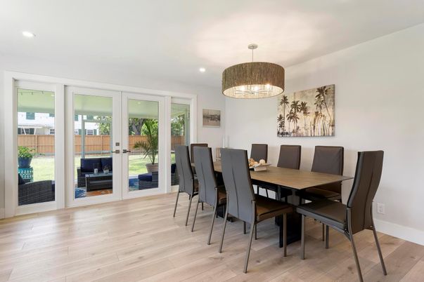 Dining room, Interior, Pendant Lights, Recessed Lighting, Wood Texture Flooring