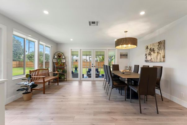Dining room, Interior, Recessed Lighting, Wood Texture Flooring