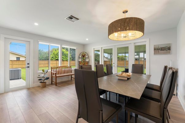 Dining room, Interior, Pendant Lights, Recessed Lighting, Wood Texture Flooring