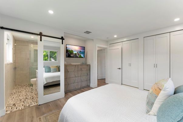 Bathroom, Bedroom, Glass Shower, Interior, Recessed Lighting, Wood Texture Flooring