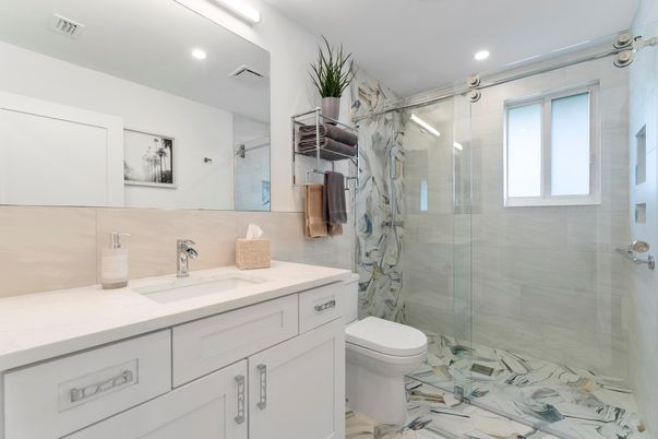 Bathroom, Glass Shower, Interior, Marble, Recessed Lighting