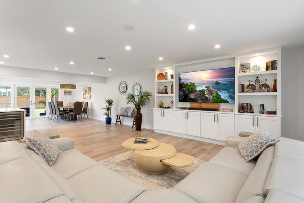 Dining room, Interior, Living room, Recessed Lighting, Wood Texture Flooring