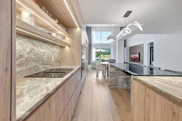 Interior, Kitchen, Pendant Lights, Wood Texture Flooring