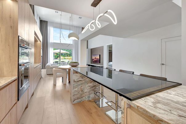 Dining room, Interior, Kitchen, Pendant Lights, Stainless Steel Appliances, Wood Texture Flooring