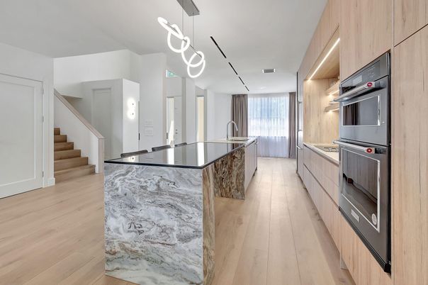 Interior, Kitchen, Marble Walls, Pendant Lights, Recessed Lighting, Wood Texture Flooring