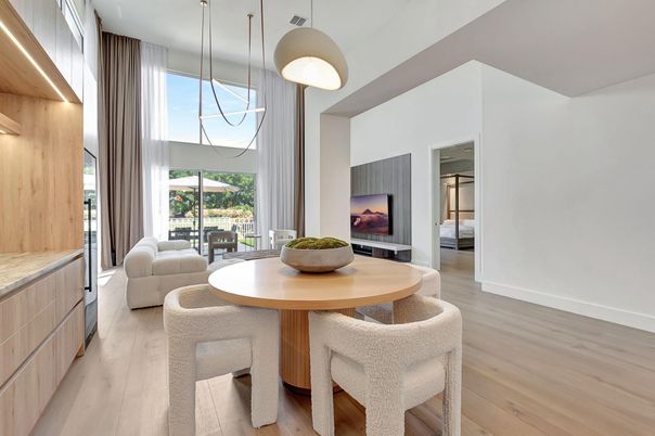 Dining room, Interior, Pendant Lights, Wood Texture Flooring