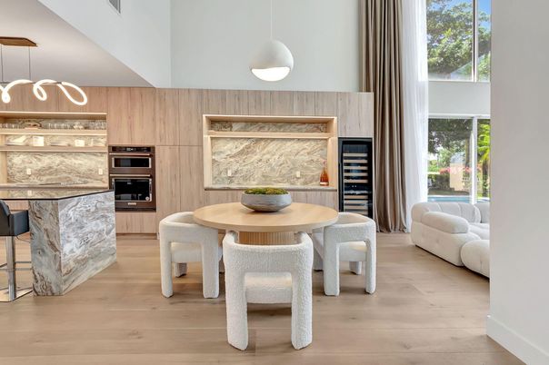Dining room, Interior, Kitchen, Pendant Lights, Stainless Steel Appliances, Wood Texture Flooring