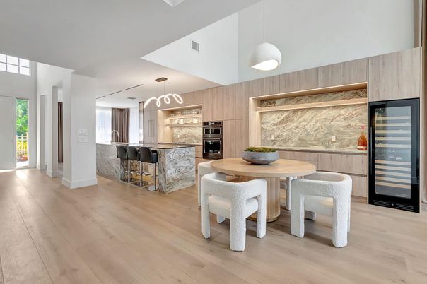 Dining room, Interior, Kitchen, Pendant Lights, Stainless Steel Appliances, Wood Texture Flooring