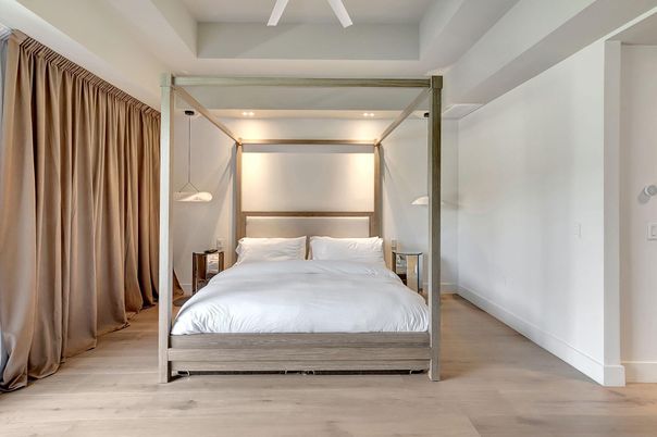 Bedroom, Interior, Pendant Lights, Recessed Lighting, Wood Texture Flooring