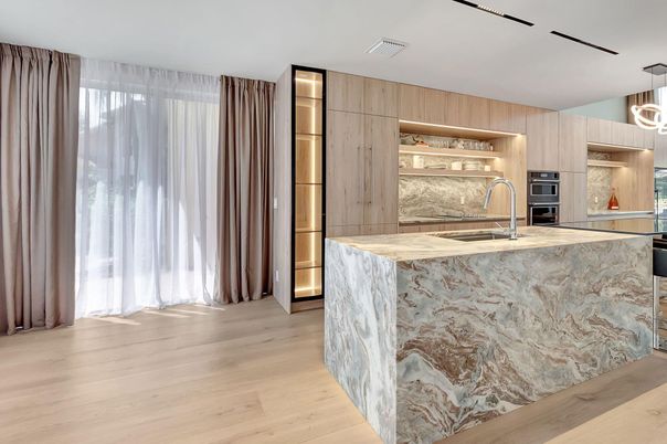 Interior, Kitchen, Pendant Lights, Stainless Steel Appliances, Wood Texture Flooring