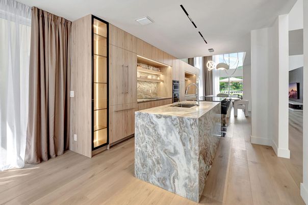 Interior, Kitchen, Marble Walls, Wood Texture Flooring
