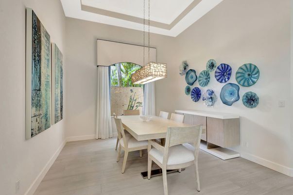 Dining room, Interior, Pendant Lights, Wood Texture Flooring