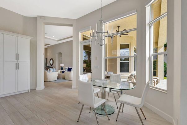 Dining room, Interior, Living room, Pendant Lights, Recessed Lighting, Wood Texture Flooring