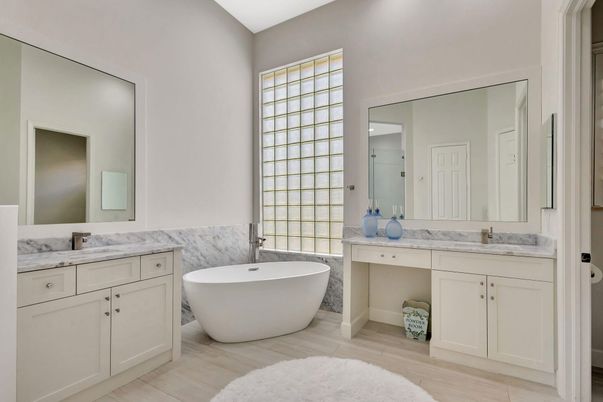 Bathroom, Dual Sink Vanities, Free Standing Baths, Interior, Wood Texture Flooring