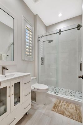Bathroom, Glass Shower, Interior, Recessed Lighting, Wood Texture Flooring