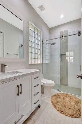 Bathroom, Glass Shower, Interior, Recessed Lighting, Wood Texture Flooring