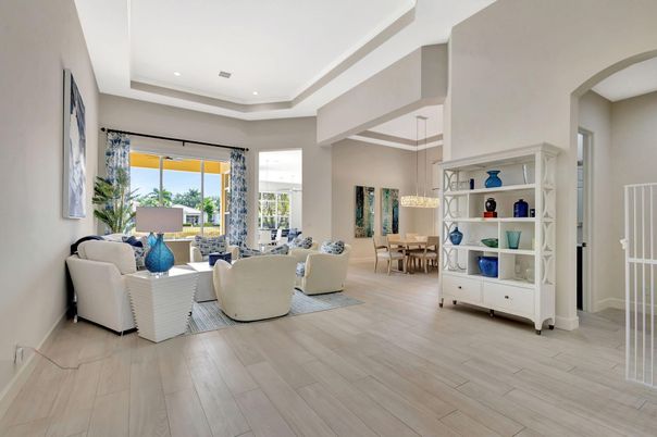 Dining room, Interior, Living room, Pendant Lights, Recessed Lighting, Wood Texture Flooring